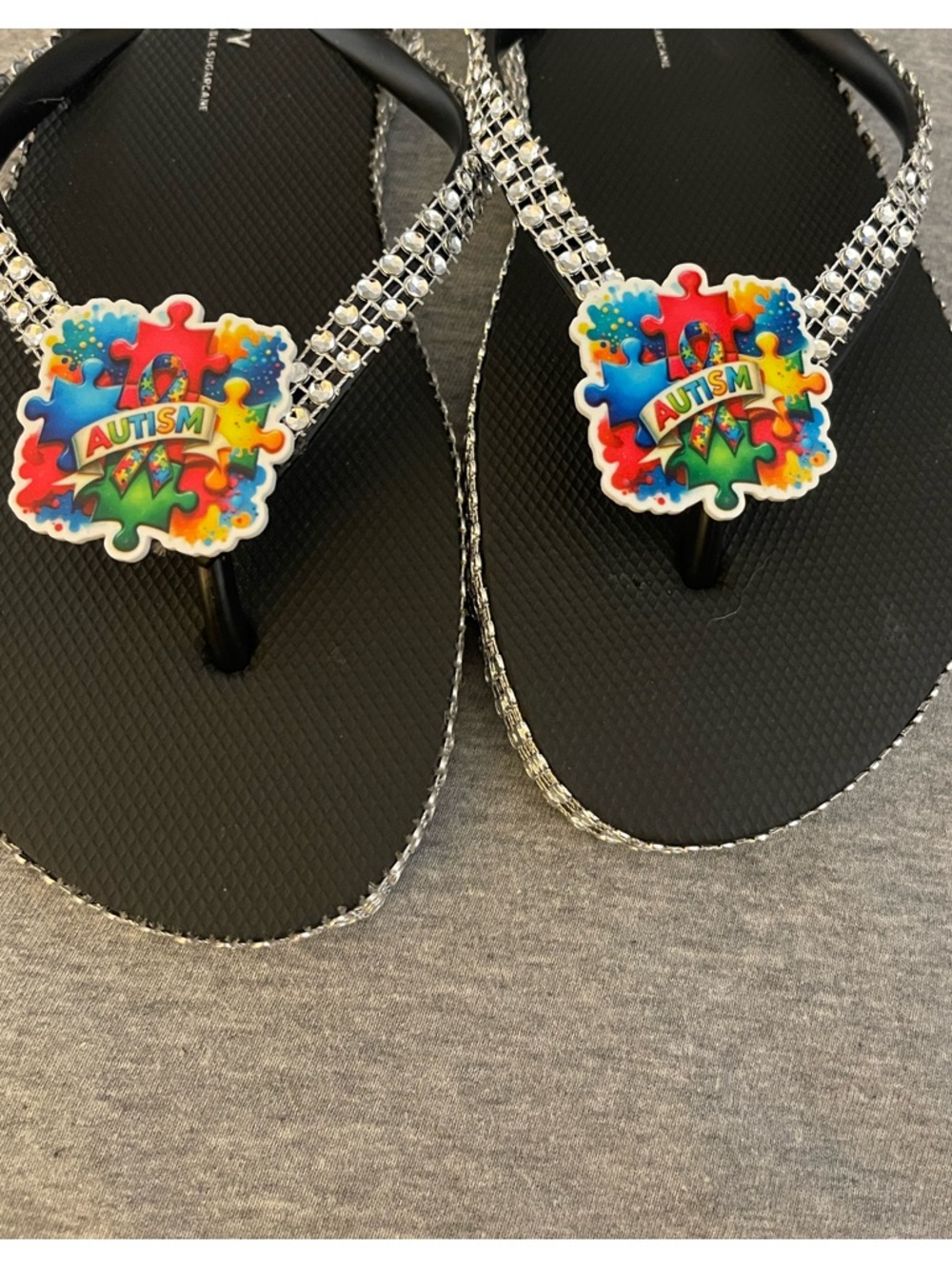 Black Flip Flop Sandals with Colorful Autism Puzzle Charm